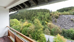 A balcony with a view of a forested hillside and a rocky outcrop. - Apartment 'Gästehaus Centrum 2 Typ 08' with Mountain View, Balcony and Wi-Fi (Willingen (Upland))
