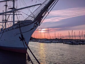 Un gran velero amarrado en un puerto deportivo, con varias embarcaciones más pequeñas al fondo.