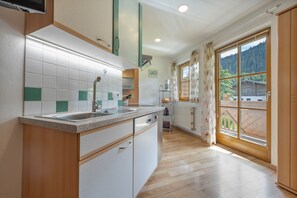 A modern kitchen with a built-in oven, a sink, and a window with a view of a forest. - Apartment 'Appartment Roßbrand' with Mountain View, Shared Terrace and Wi-Fi (Radstadt)