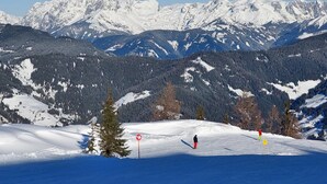 Eine verschneite Berglandschaft mit einem Skifahrer, einem roten Hinweisschild und einem gelben Warnschild.