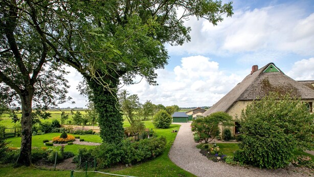 Een landelijk landschap met een huis met rieten dak, een grindpad en een omheind tuingedeelte.