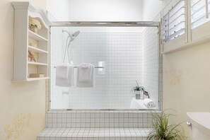 Douche, séchoir à cheveux, serviettes fournies