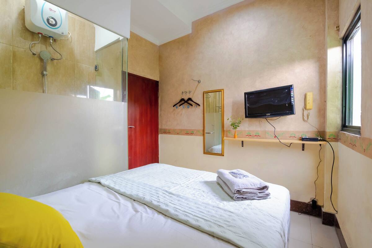 A hotel room with a bed, a mounted TV, a mirror, a towel rack, and a shower with a control panel.