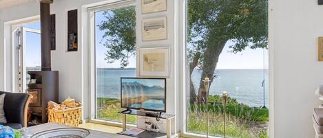 A modern living room with a large window overlooking a body of water, a fireplace, and a television.