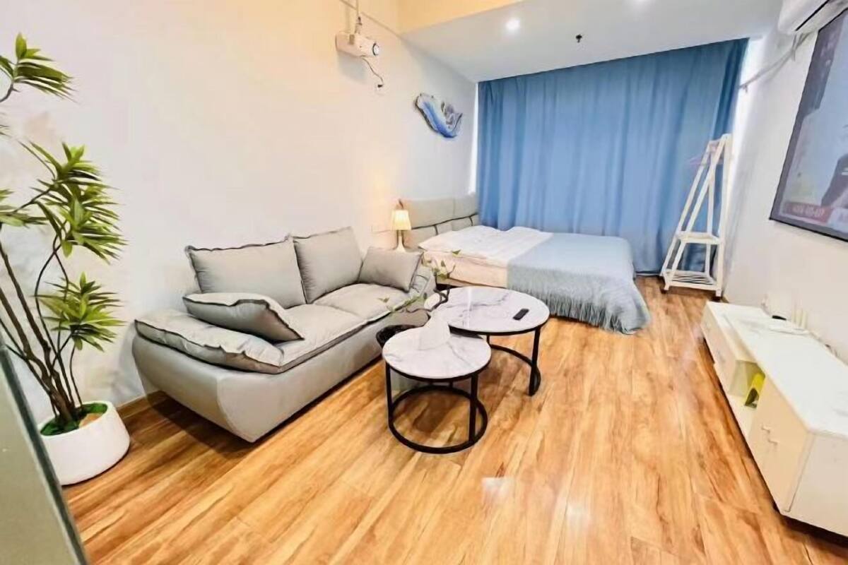 A modern hotel room with a sofa, a bed, a small table, and a plant.