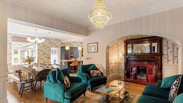 TV, fireplace, table football, books