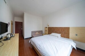 Een hotelkamer met een bed, een televisie, een bureau met waterkoker en een deur.
