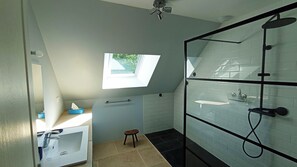 Hair dryer, towels, soap, shampoo