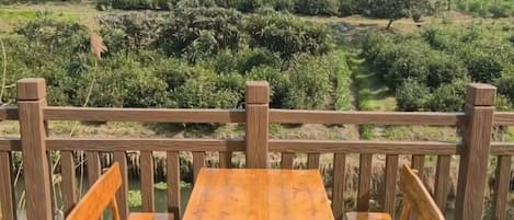 A wooden deck with a table and benches, overlooking a landscaped garden with various plants and trees.