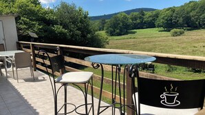 An outdoor patio with a table and chairs, a view of a green landscape, and a wooden railing. - Quiet house in the Black Mountain (Les Martys)