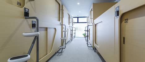 A corridor with numbered doors, handrails, and a plant in the distance.