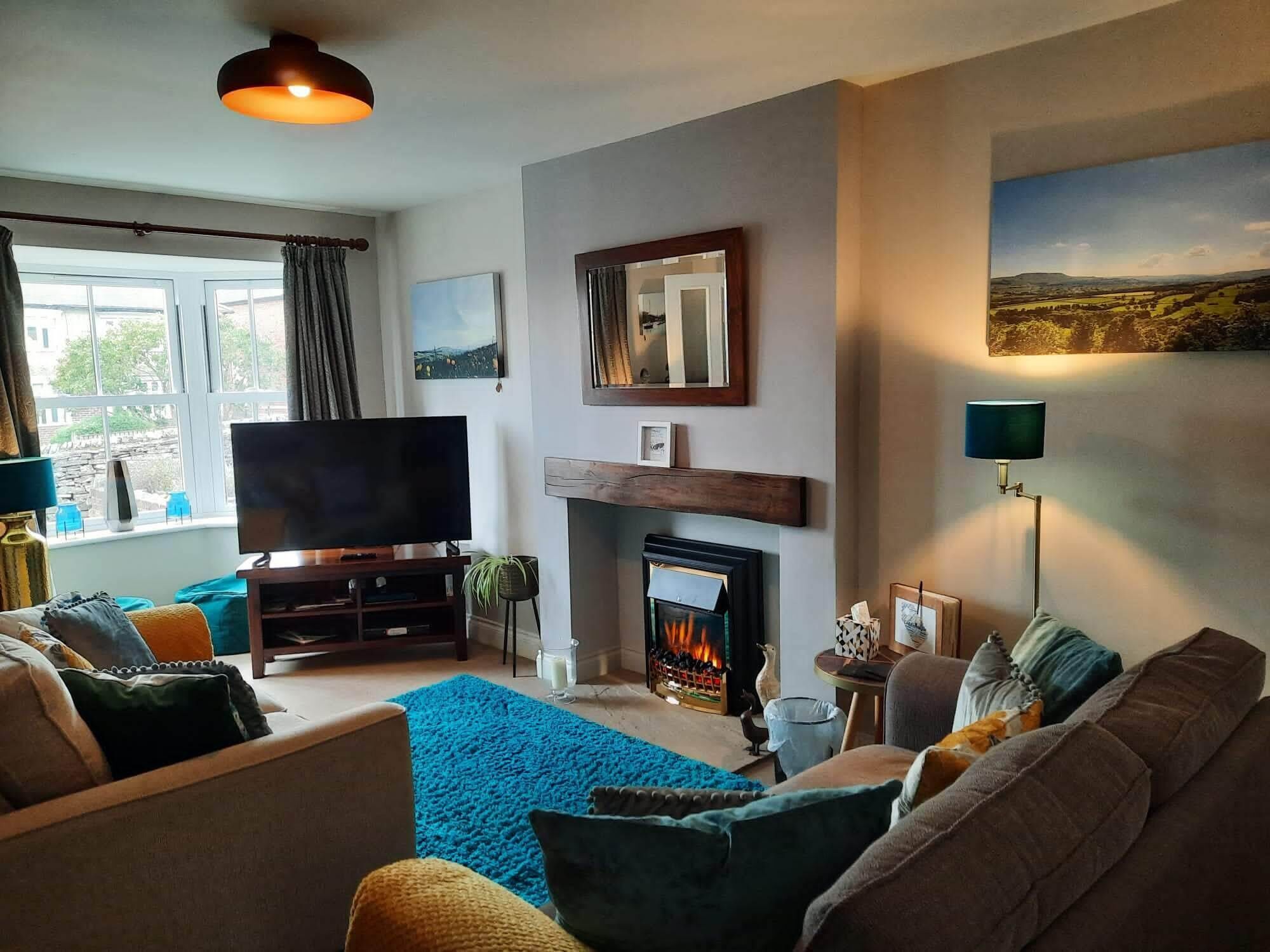 Smart TV, fireplace, DVD player, books