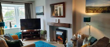 Smart TV, fireplace, DVD player, books