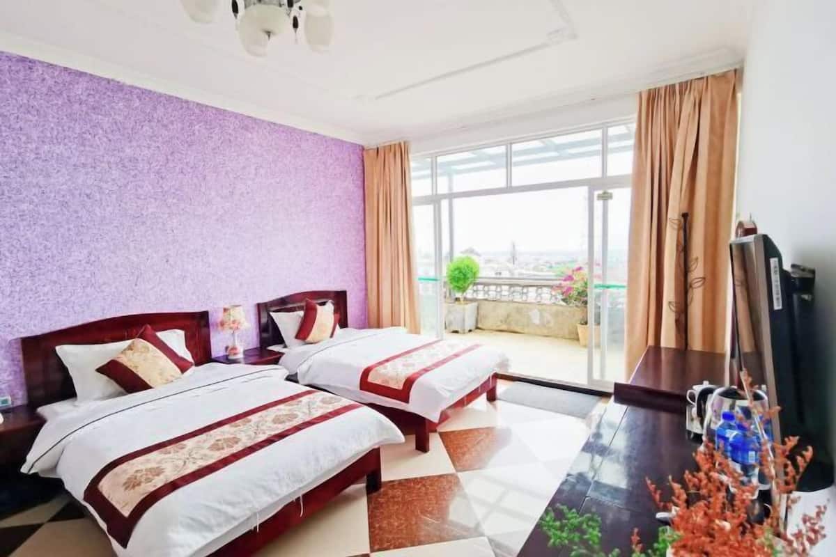 A hotel room with two beds, a large window with curtains, a balcony with plants, and a TV on a stand.