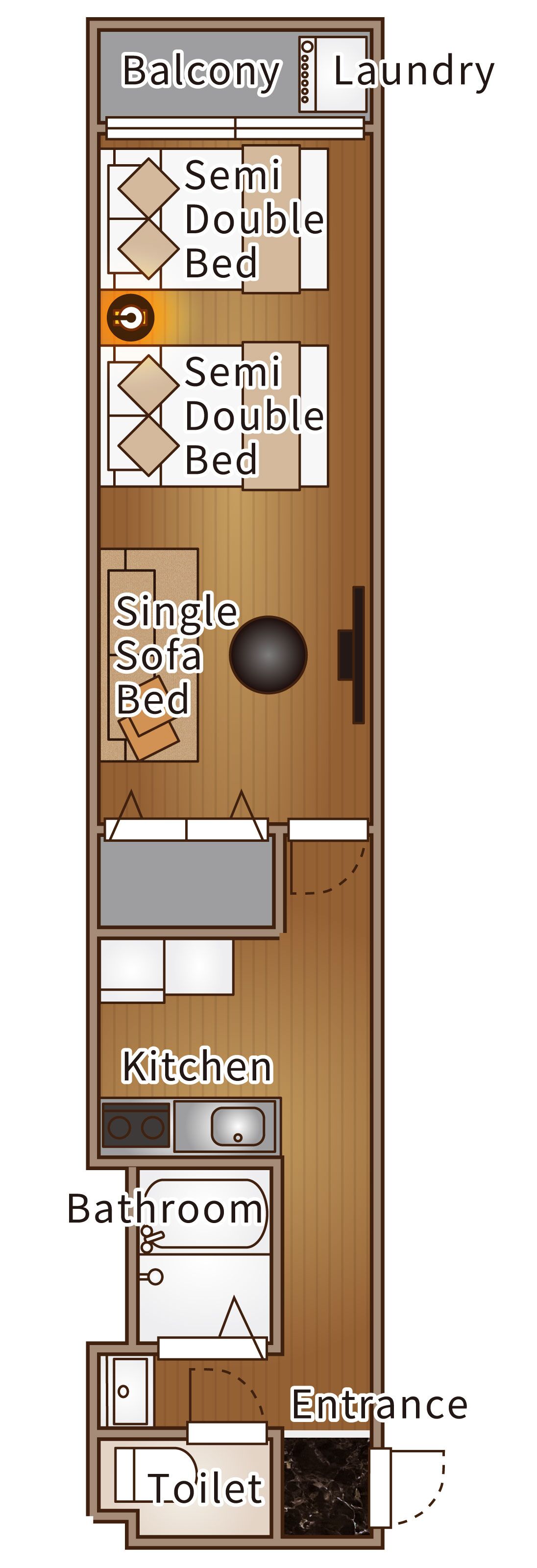 A floor plan of a hotel room with a balcony, laundry area, two semi-double beds, a single sofa bed, a kitchen, a bathroom, and an entrance.