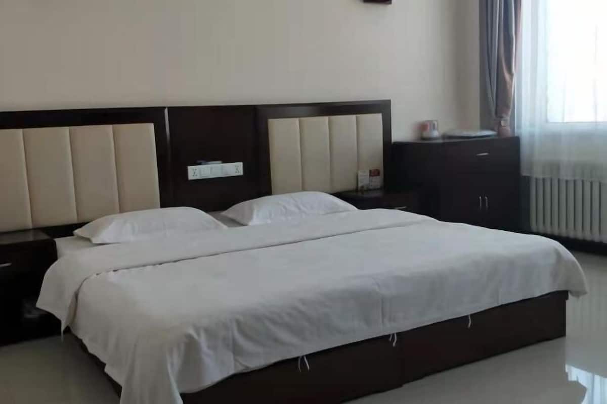 A double bed with a wooden headboard, a nightstand with a lamp, and a dark wooden cabinet.