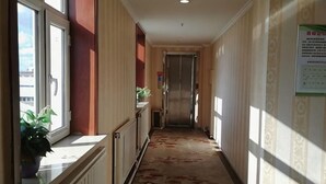 Un pasillo con un radiador, una planta en maceta, una puerta y un cartel en la pared.