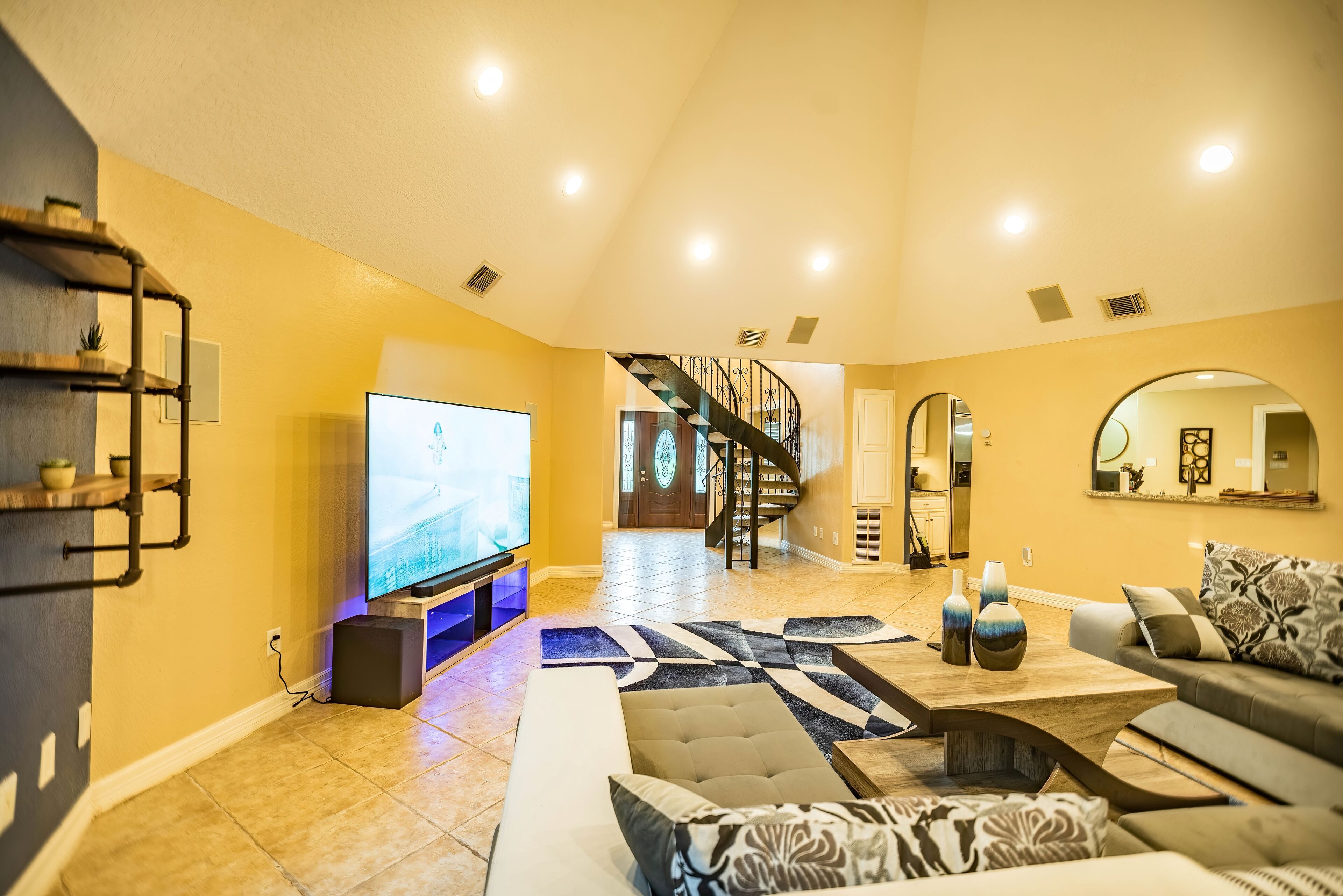 Smart TV, fireplace, video games, foosball