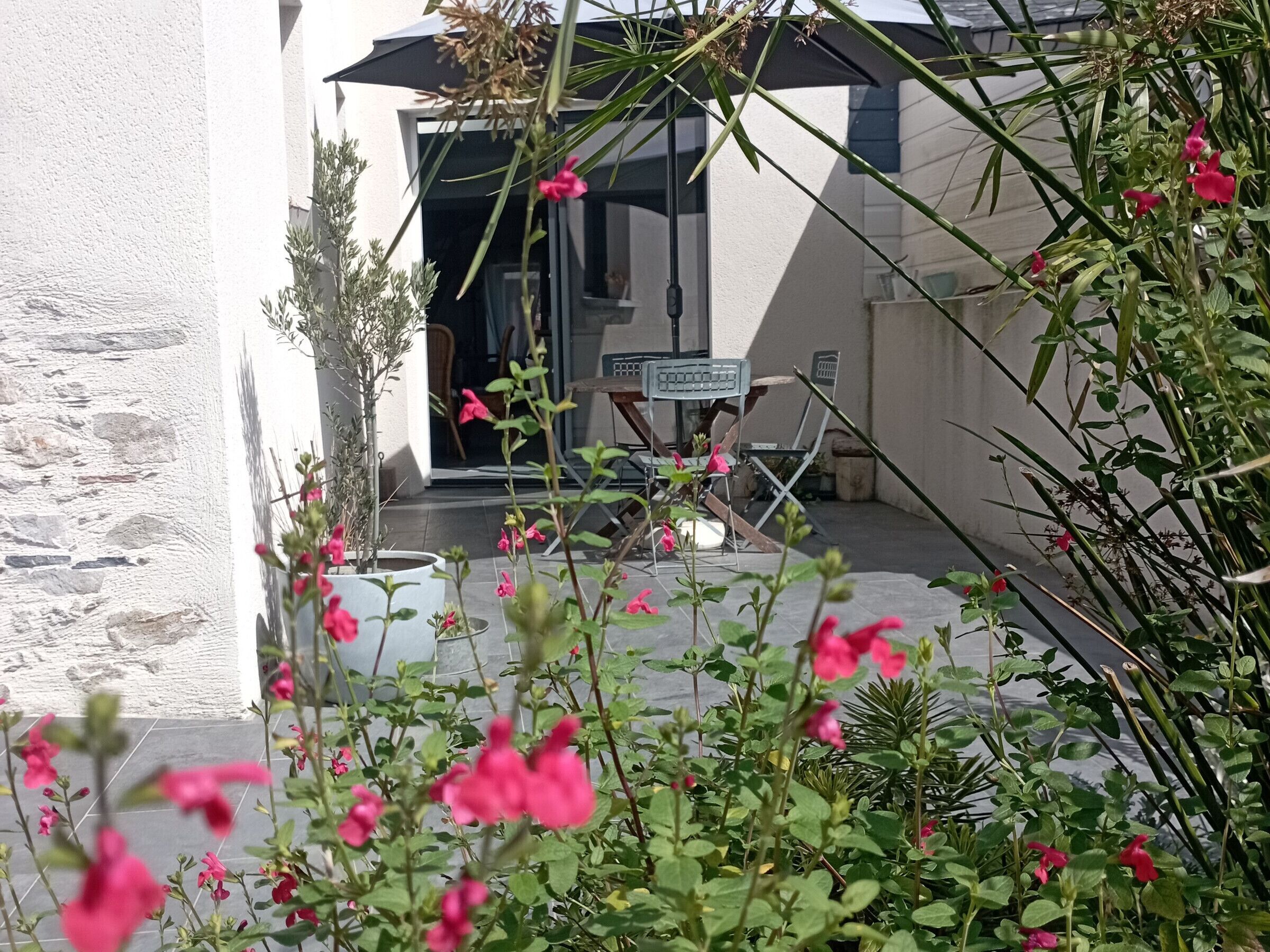 Un espace patio aménagé avec une table et des chaises, entouré de plantes et de fleurs en pot.