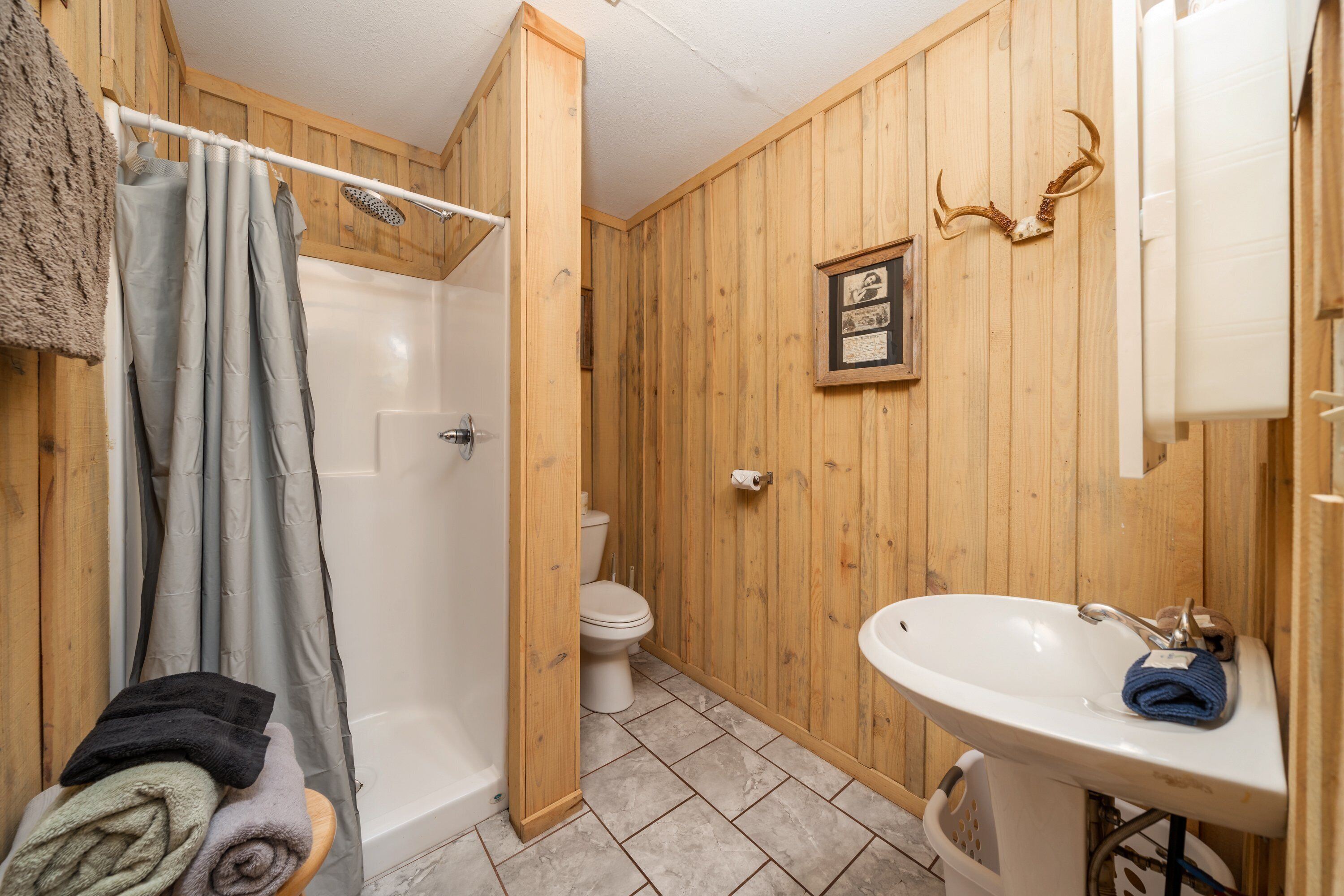 Shower, jetted bath, hair dryer, towels