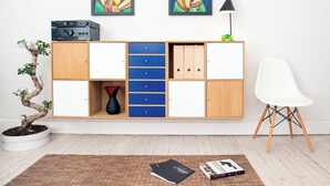 Un salon moderne avec un meuble en bois, un bonsaï, une chaise blanche et deux tableaux abstraits accrochés au mur.