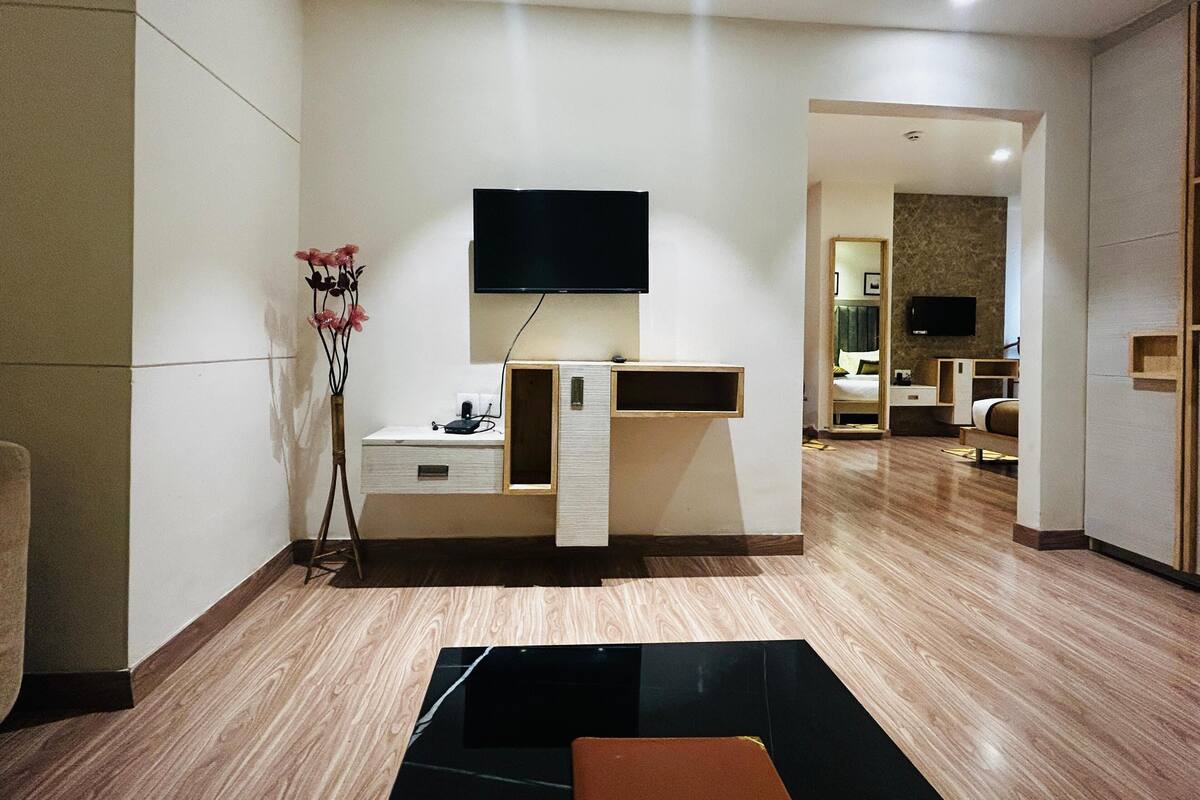 Une chambre d’hôtel moderne avec un plancher en bois, un téléviseur à écran plat fixé au mur, un petit bureau avec une chaise et un grand miroir.