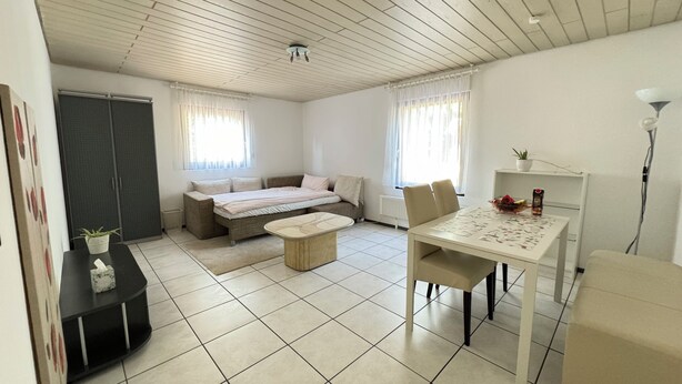 A spacious living area with a sofa, a dining table, and a small kitchen area. - H&H Home - Quite and Central Apartment near Park in Sindelfingen (Sindelfingen)
