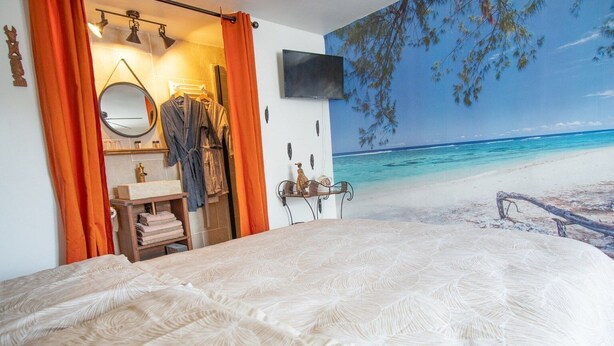 Une chambre avec un lit, une salle de bain avec un lavabo et un miroir, et une fresque représentant une plage sur le mur.