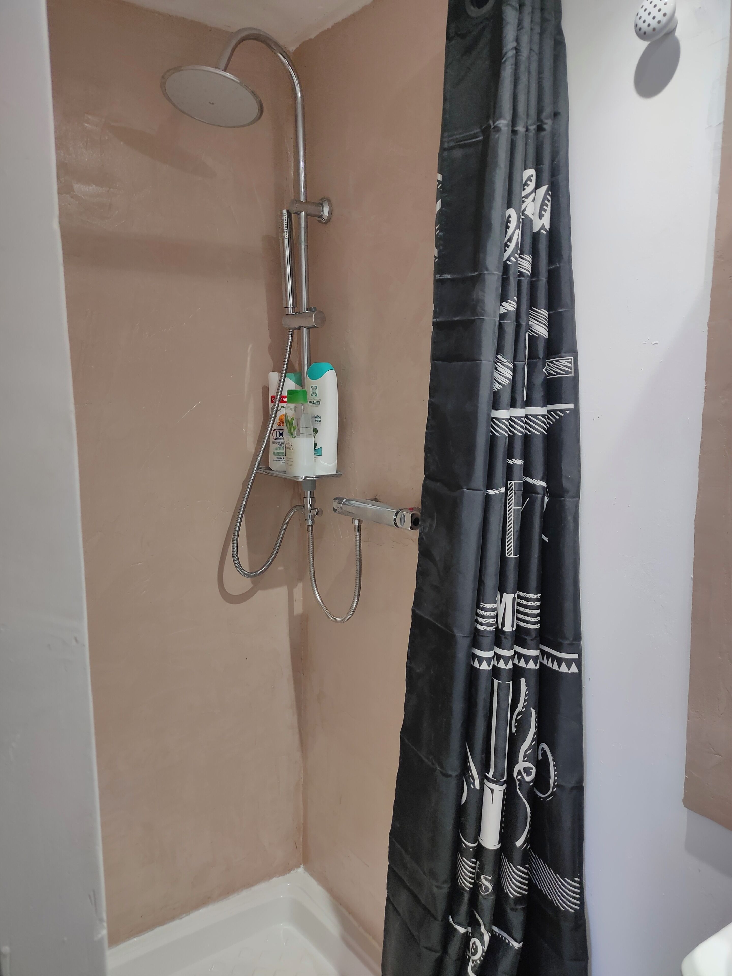 Ein Duschbereich mit Handbrause, Wandarmatur und einer Bedieneinheit für Toilettenartikel.