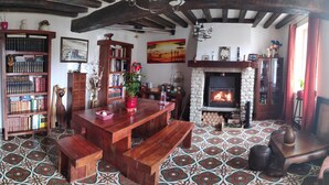 Un salon chaleureux avec une cheminée, des meubles en bois et un parquet à motifs.