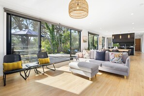 TV, fireplace, books