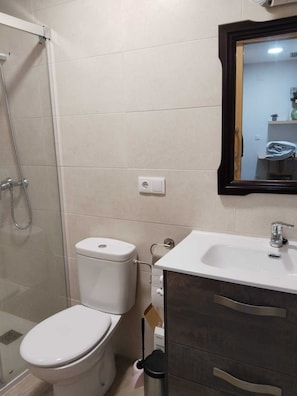 Un baño con inodoro, ducha, lavabo y espejo.