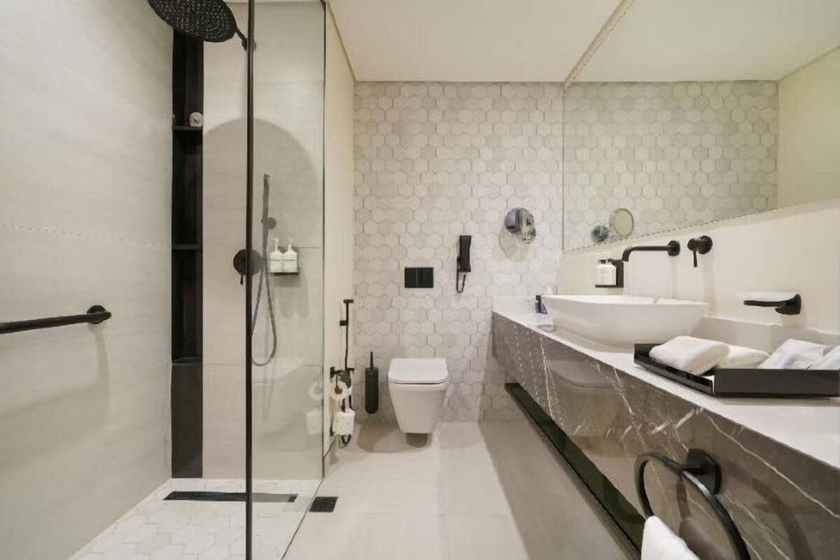 Shower, rainfall showerhead, hair dryer, bathrobes