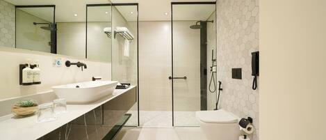 A modern bathroom with a large sink, glass shower enclosure, and a toilet.