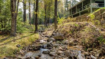 A forested area with a stream, rocks, and a building with a balcony overlooking the stream.