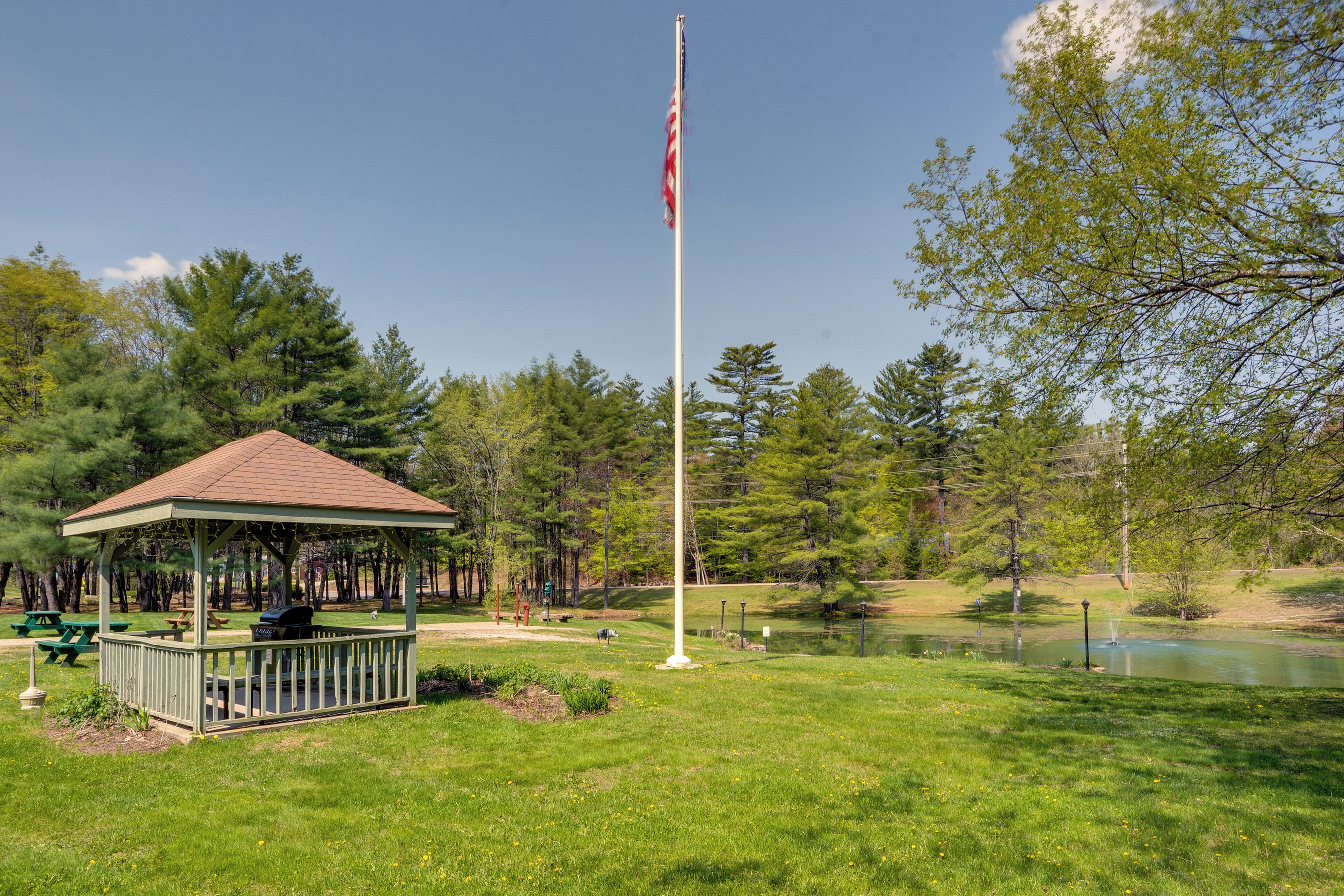 Ein Kiosk mit Picknicktisch und Grill, eine Fahnenmasten und ein Teich in einer Parkanlage.