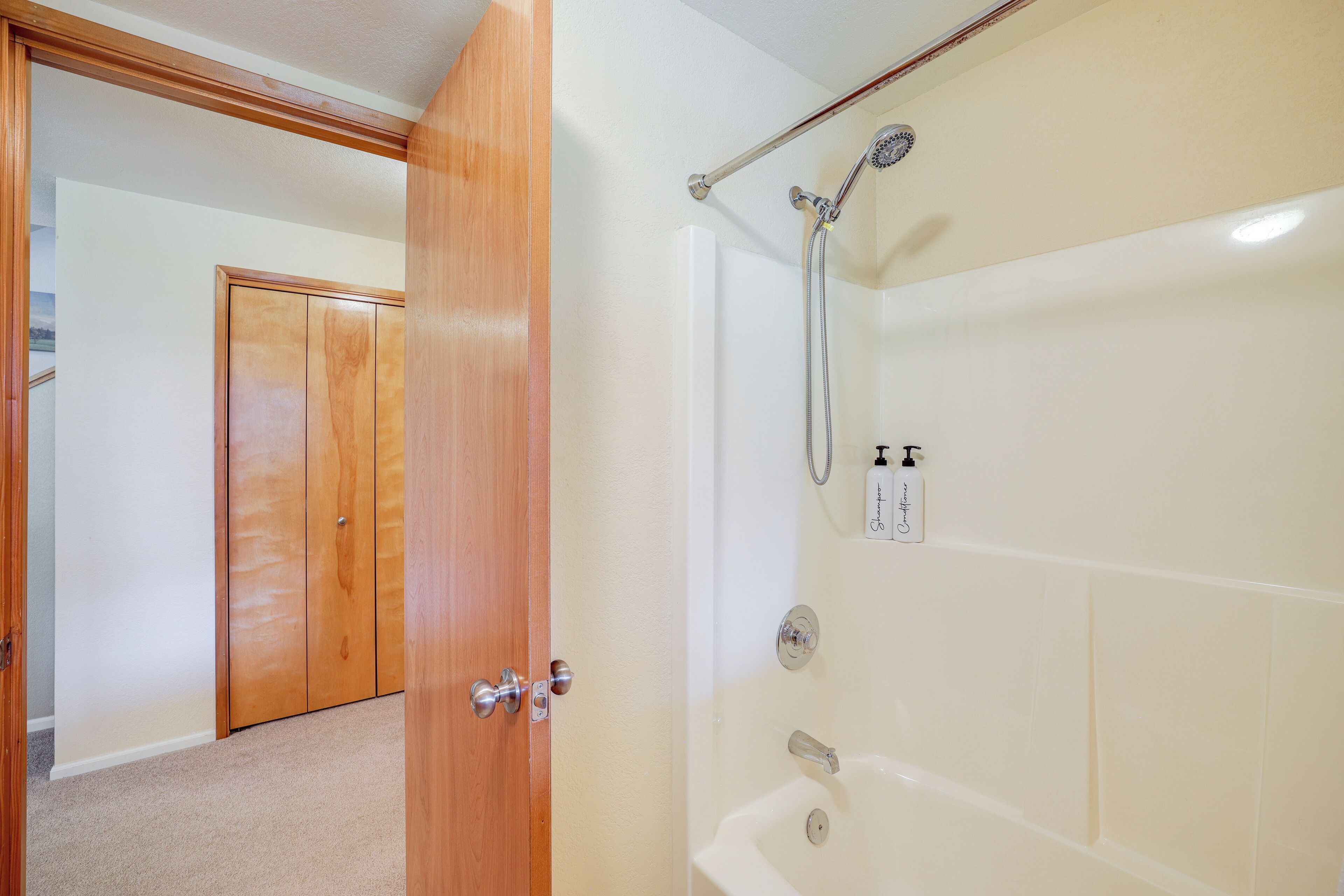 Une salle de bain avec une baignoire, une douche et une porte en bois.