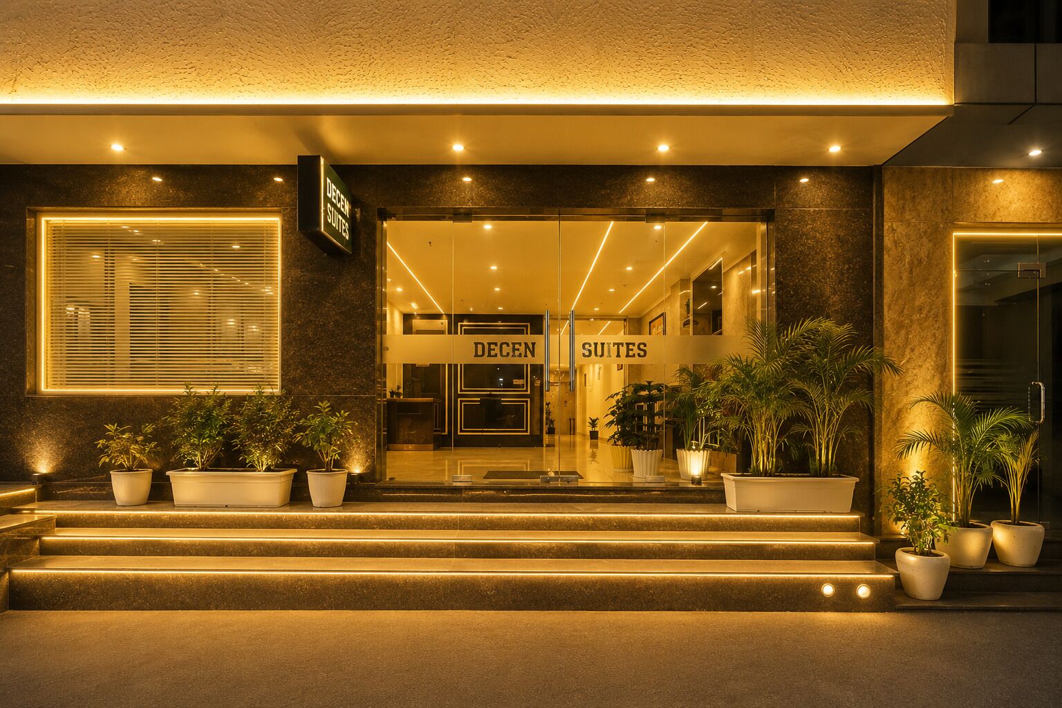 A hotel entrance with a sign for 'DECENT SUITES,' a reception desk, and potted plants.