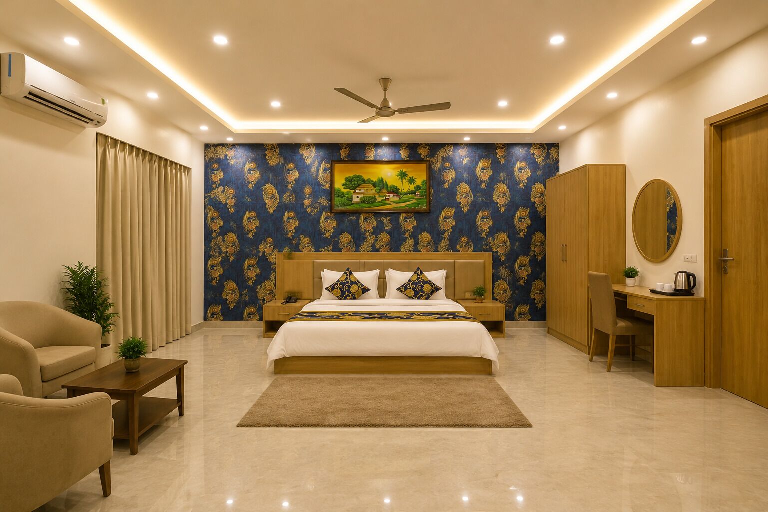 A bedroom with a bed, a desk, a chair, a ceiling fan, and a painting on the wall.