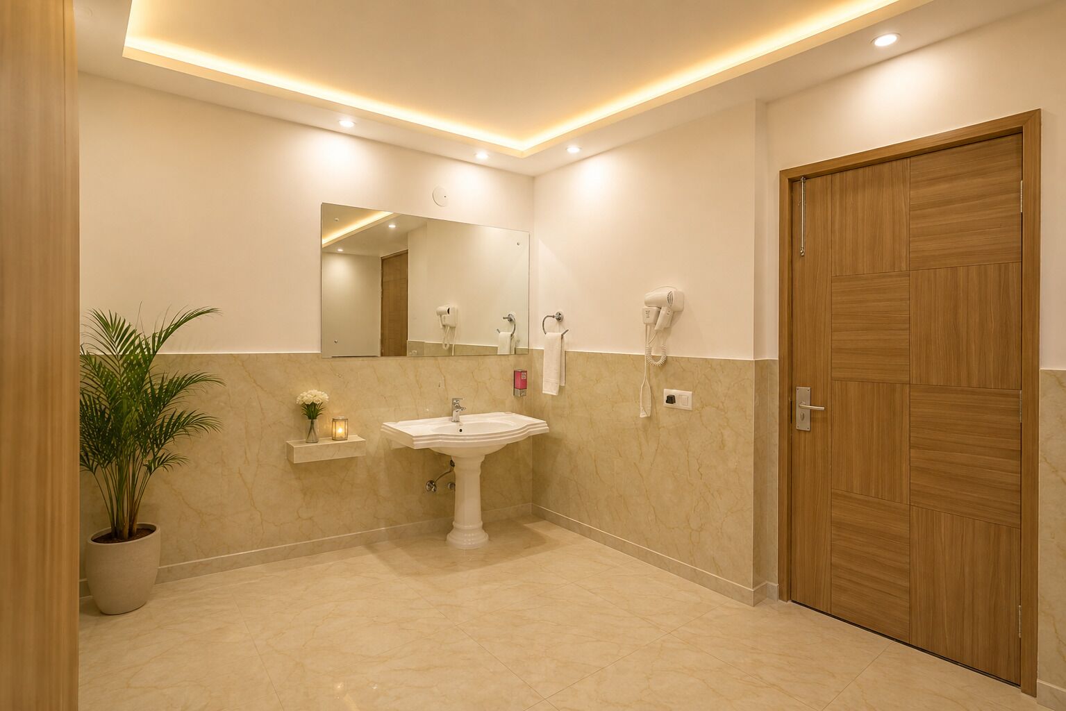 A modern bathroom with a pedestal sink, a mirror, a hairdryer, and a wooden door.