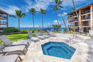 Un espace piscine doté de chaises longues et d’un jacuzzi, entouré de palmiers et offrant une vue sur l’océan.