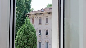 A view through a window of a building with a large, conical green tree in the foreground and a classical building with arched windows and a tiled roof in the background. - Exclusive Historic Ghetto Flatinrome (ROMA)