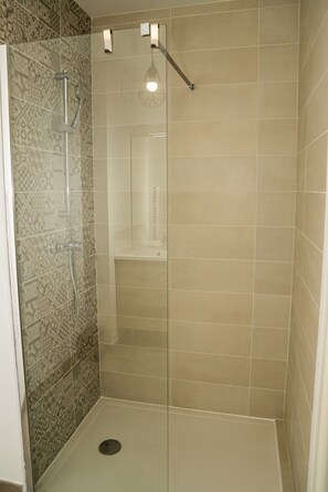 Shower, hair dryer, towels