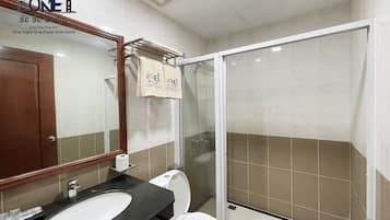 Shower, towels, toilet paper