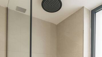 A modern shower area with a glass partition, a handheld showerhead, and a wall-mounted control.