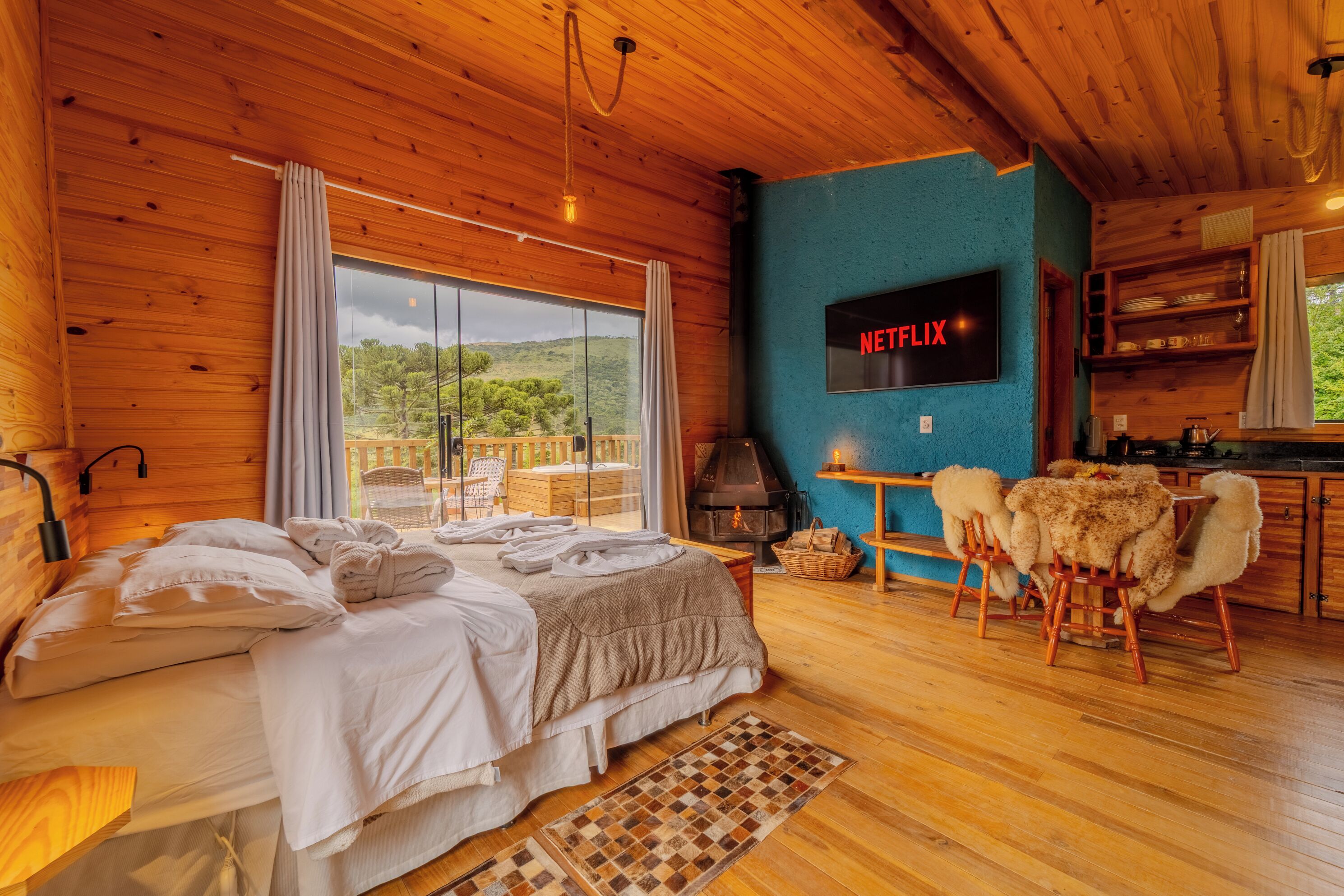 A cozy wooden cabin with a bed, a TV displaying 'NETFLIX', a fireplace, and a view of the outdoors.