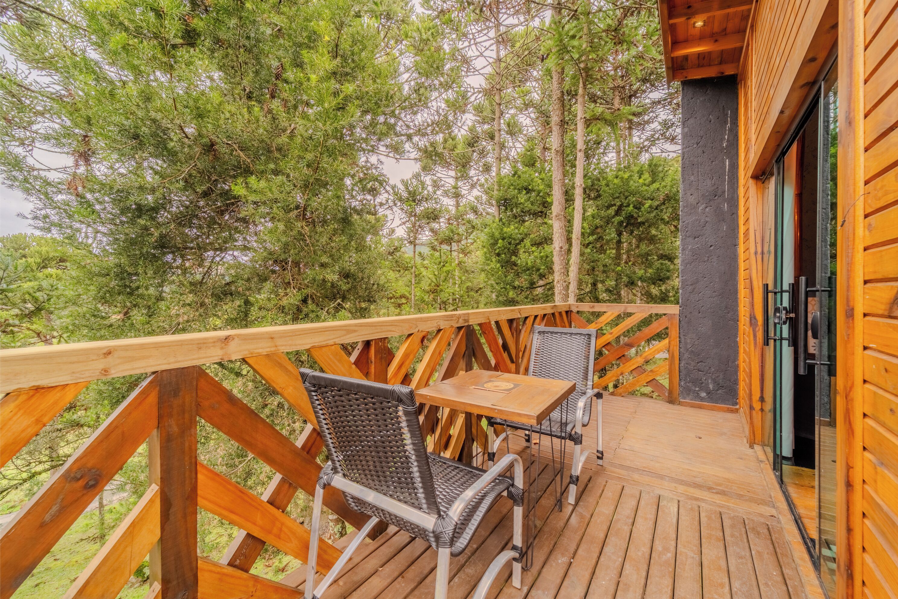 A wooden deck with a table and chairs, surrounded by trees.