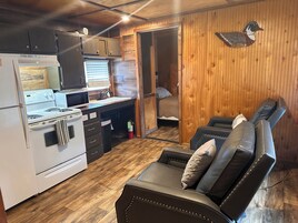 Junior Cabin, 2 Bedrooms, Lake View | Private kitchenette | Fridge, microwave, stovetop, cookware/dishes/utensils