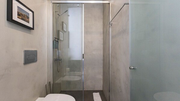 A modern bathroom with a glass shower enclosure, a toilet, and a framed picture on the wall.