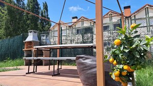 Ein Außenbereich mit einer Terrasse, einem Grill, einem Esstisch und einem Zitronenbaum.